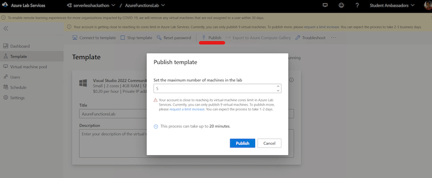wizard to publish the template VM